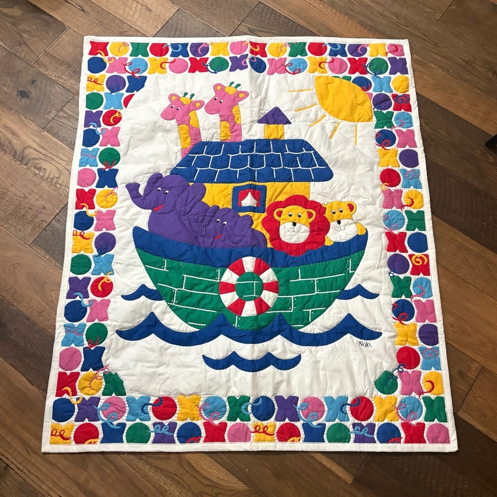 NOJO Vintage Quilted Noah’s Ark Crib Blanket Quilt 42” by 35” white XOXO cl